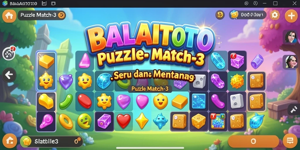 Tampilan antarmuka game Puzzle Match-3 yang menarik dan penuh warna.