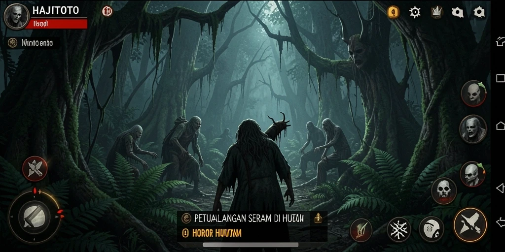 Tampilan antarmuka seram dalam game Horor Hutan HAJITOTO.